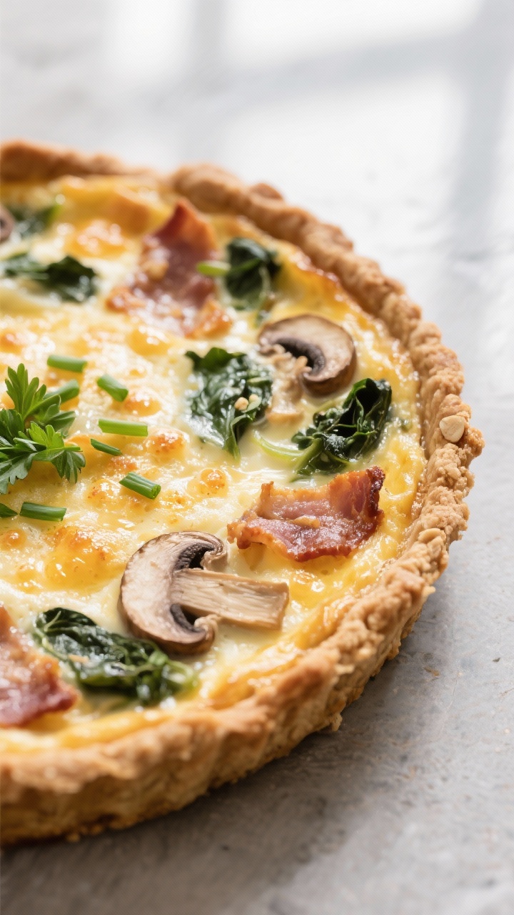 Close-up detail: A just-baked low carb quiche (almond flour crust version) with a lightly golden, bu