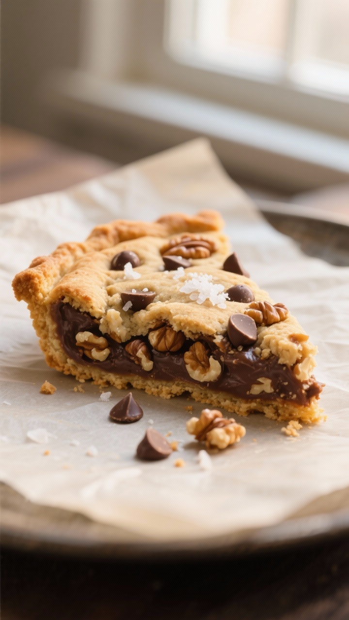 Close-up detail: A just-baked Nutty Chocolate Chip Cookie Tart slice on a parchment-lined surface, s