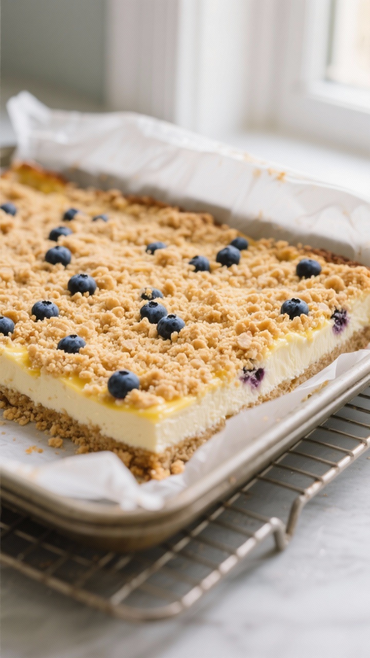 Close-up detail: A just-baked pan of Lemon Blueberry Cheesecake Crumb Bars cooling on a rack, showin