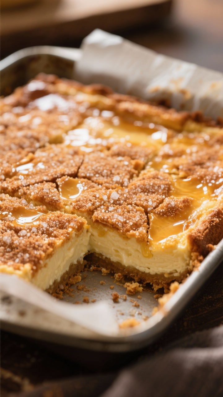 Close-up detail: A just-baked pan of Sopapilla Cheesecake Bars with a crackly, caramelized cinnamon-