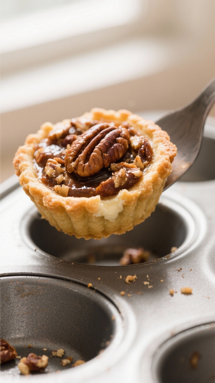 Close-up detail: A just-baked pecan tassie lifted slightly from a mini muffin pan with an offset spa