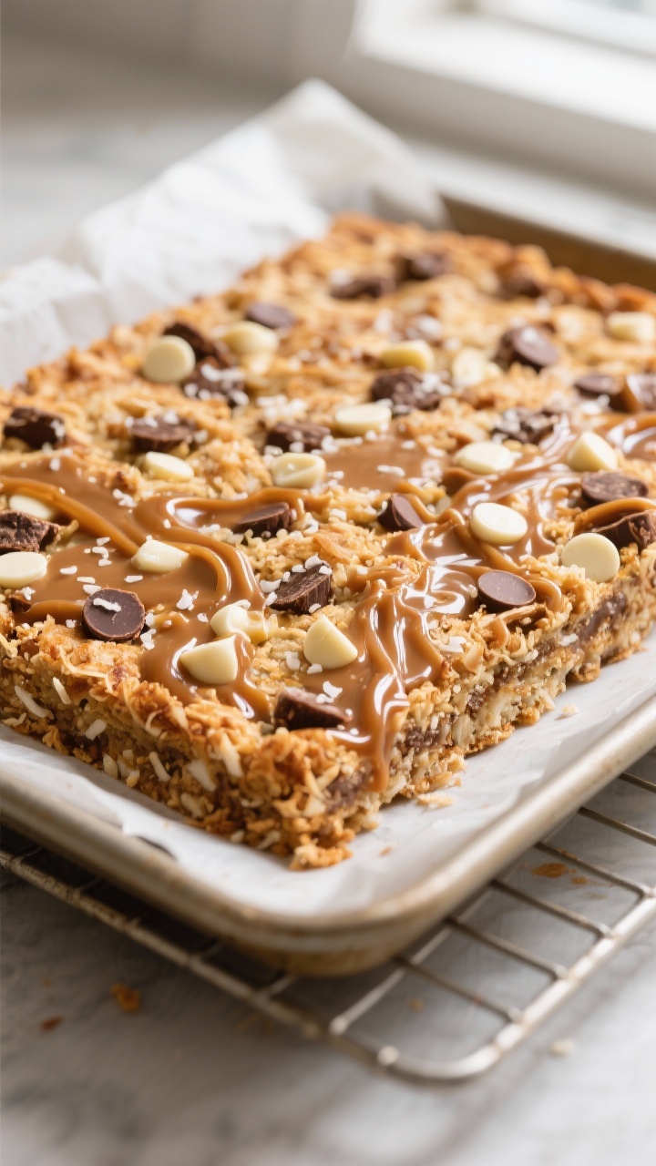Close-up detail: A just-baked slab of Loaded Caramel Magic Cookie Bars cooling in the parchment-line