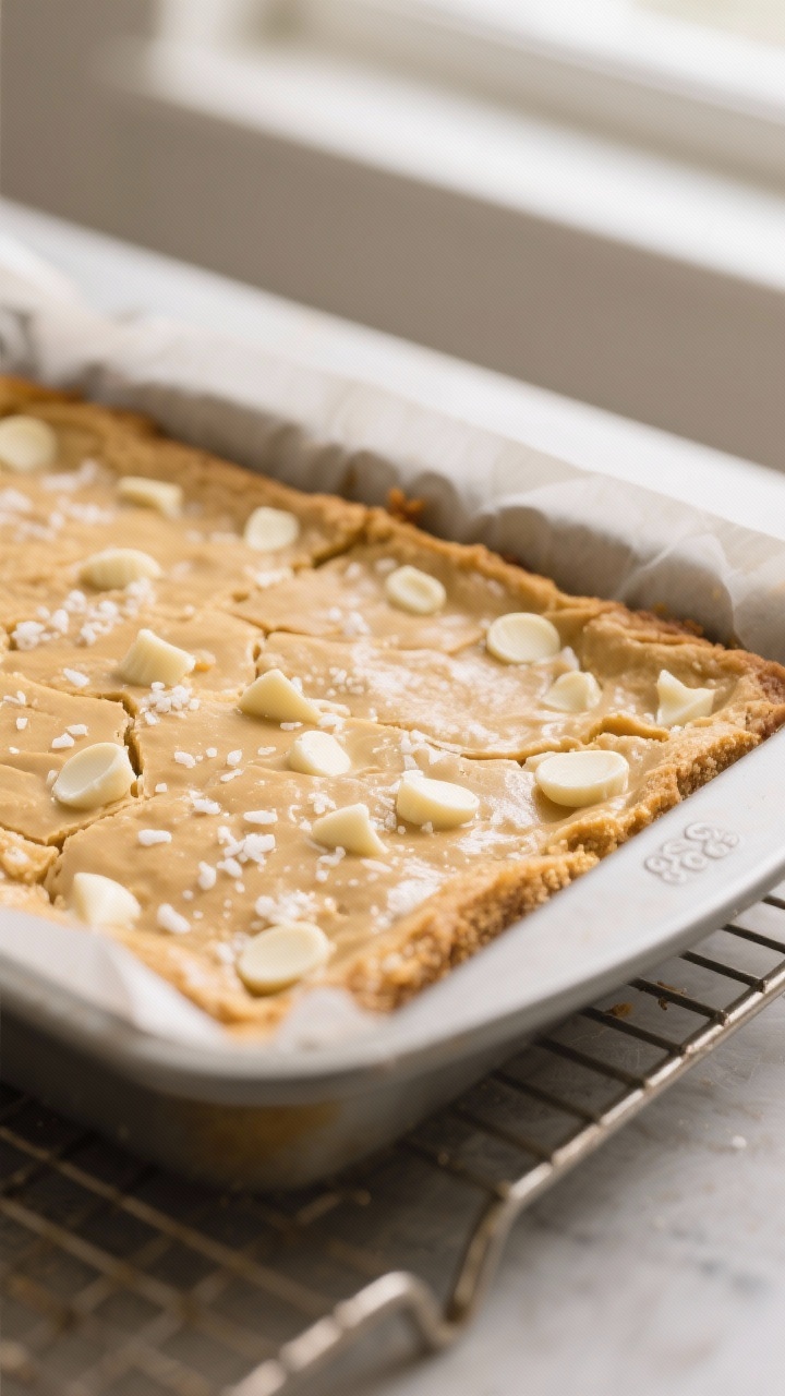 Close-up detail: A just-baked slab of white chocolate peanut butter blondies cooling in an 8-inch pa