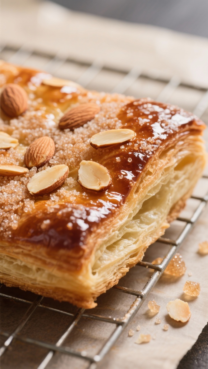 Close-up detail: A just-baked sugar-crusted almond pastry cooling on a wire rack, extreme close-up o