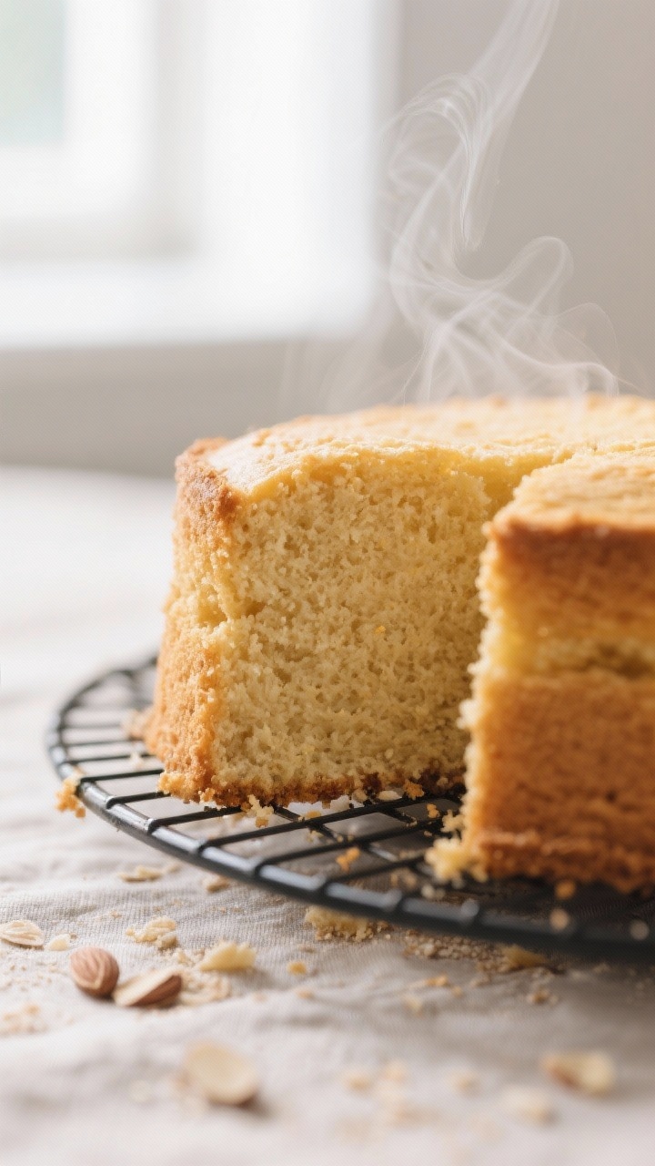 Close-up detail: A just-baked sugar-free vanilla cake turned out onto a cooling rack, golden, even c