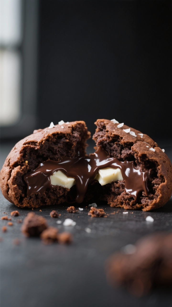 Close-up detail: A just-baked triple chocolate cookie torn in half to reveal a gooey, melty core wit