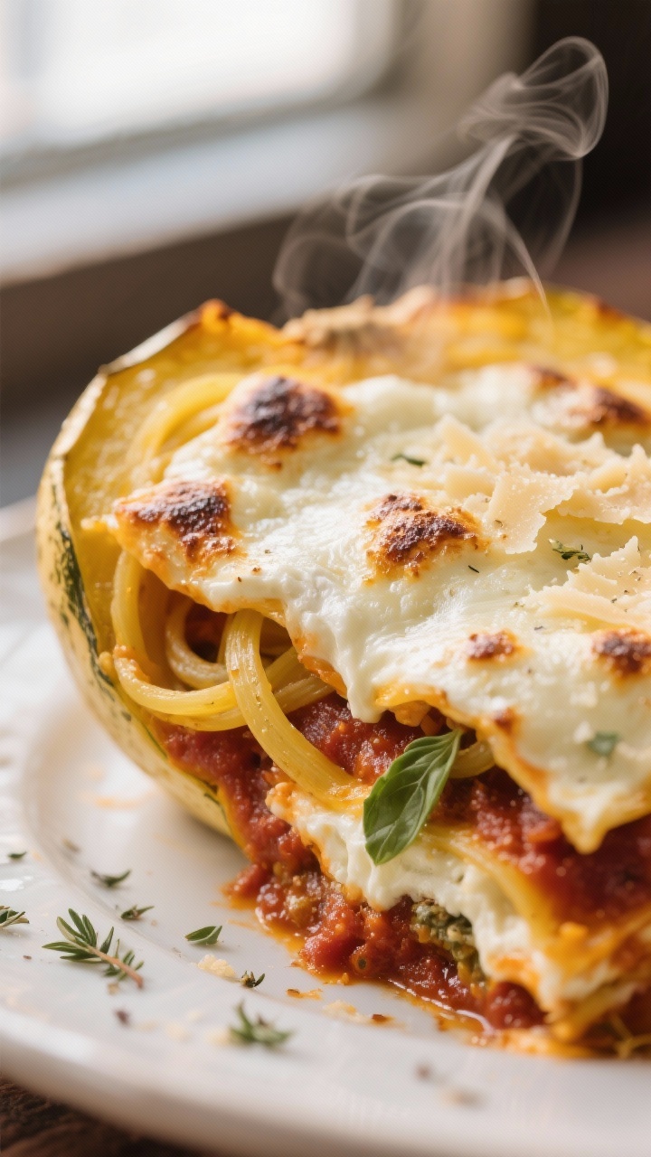 Close-up detail: A just-broiled spaghetti squash lasagna corner with golden, blistered mozzarella an