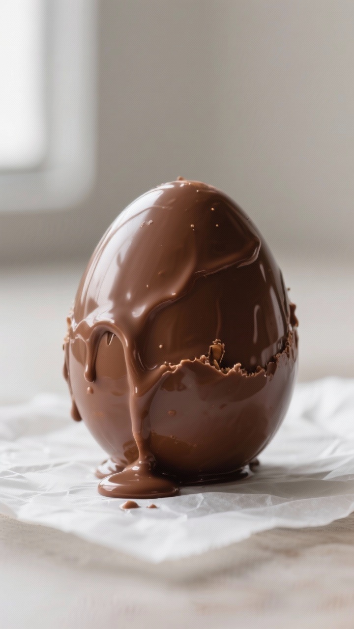 Close-up detail: A just-dipped homemade peanut butter egg resting on parchment, glossy milk chocolat