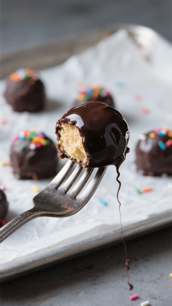 Close-up detail: A just-dipped keto cake batter truffle held on a fork over a parchment-lined tray, 
