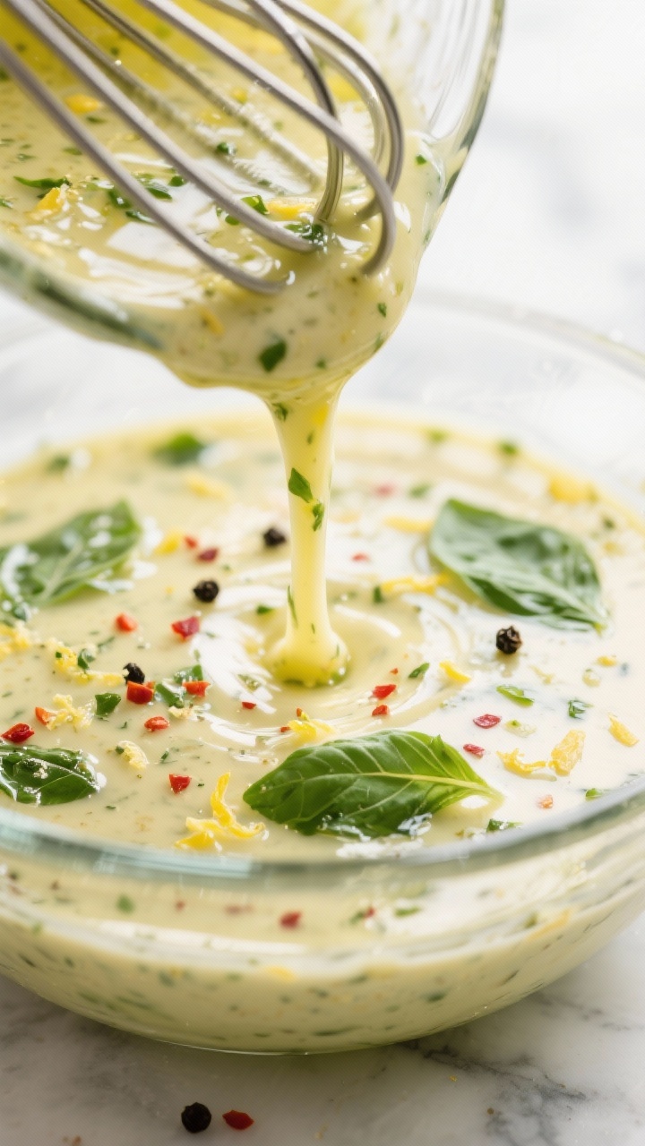 Close-up detail: A just-emulsified lemon basil vinaigrette streaming in a thin ribbon into a small g