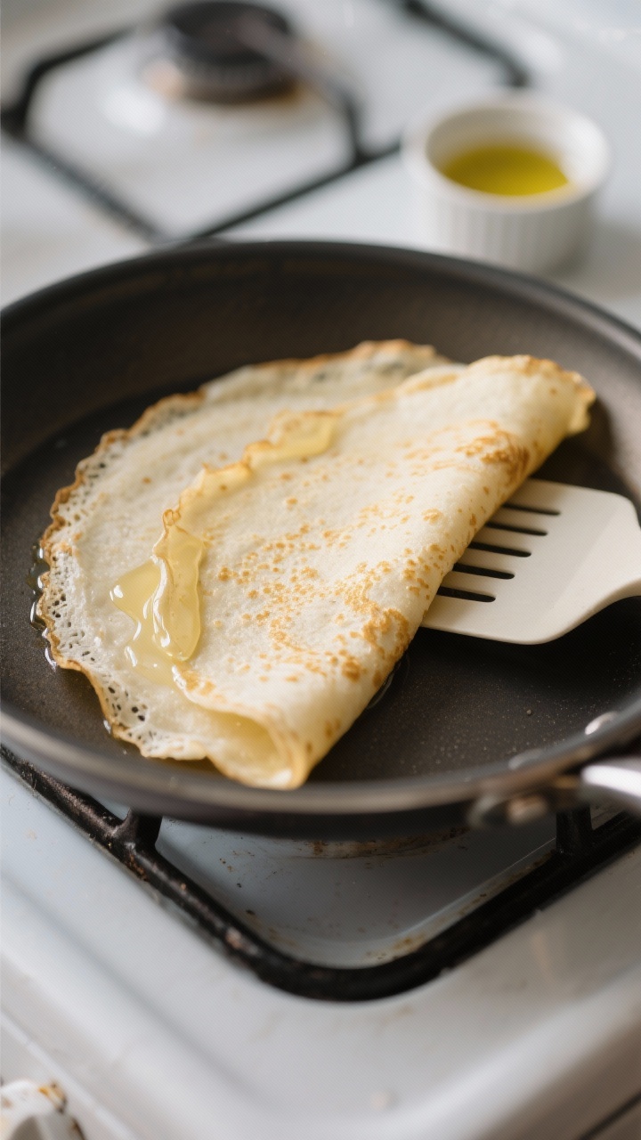 Close-up detail: A just-flipped keto crepe in a nonstick 9-inch skillet, edges lightly lifted with a