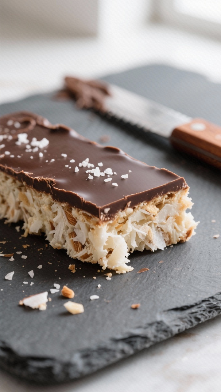 Close-up detail: A just-sliced keto coconut bar showing the soft, compacted coconut-almond base with