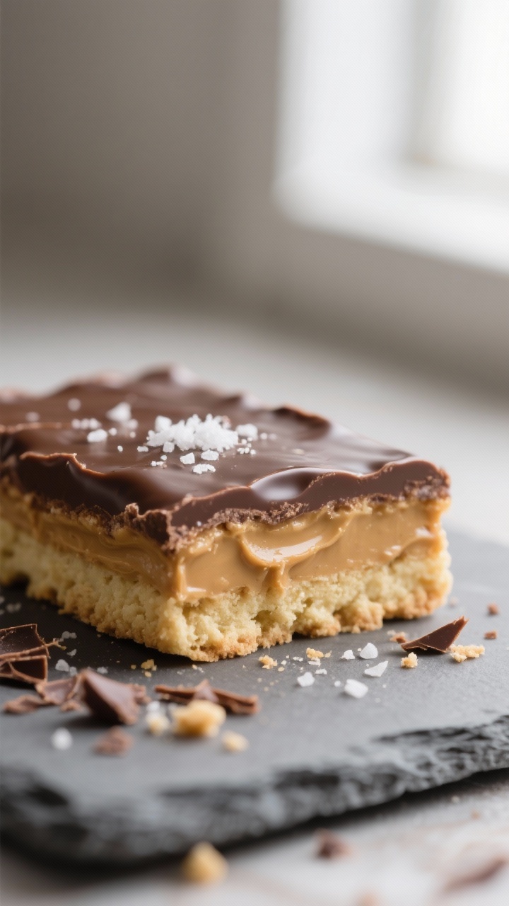 Close-up detail: A just-sliced Tagalong Cookie Bar showing precise layers—pale golden shortbread b