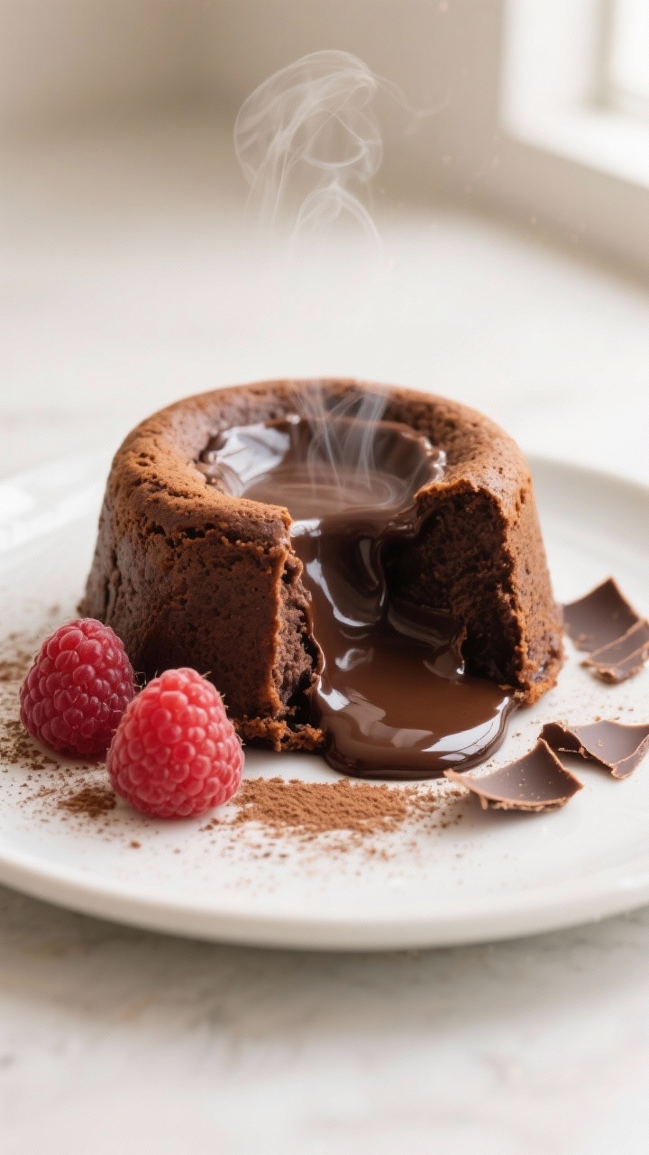 Close-up detail: A just-unmolded keto lava cake split open to reveal a glossy, flowing molten dark c