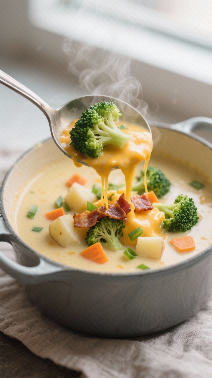 Close-up detail: A ladle lifting creamy broccoli cheddar soup from a Dutch oven, showing tender brig