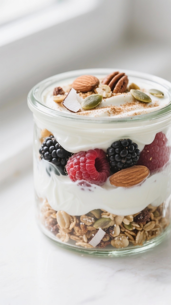 Close-up detail: A layered keto yogurt parfait in a clear glass jar, showing silky full-fat Greek yo