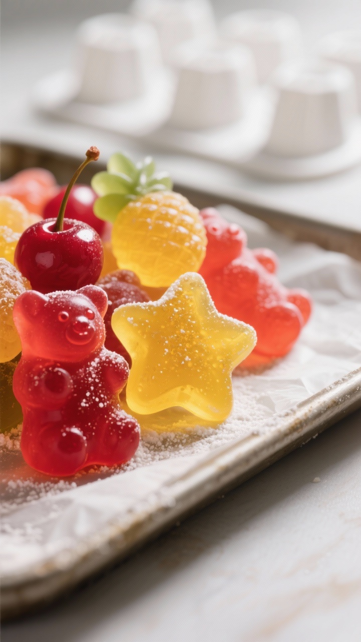 Close-up detail: A macro shot of freshly unmolded three-ingredient fruit juice gummies (cherry red b