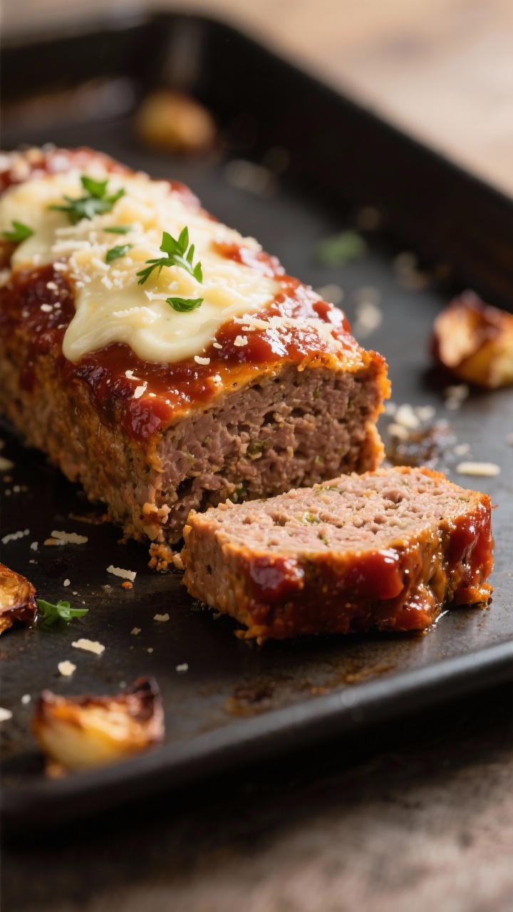 Close-up detail: A mini Italian meatloaf just out of the oven with caramelized, crisped edges and a