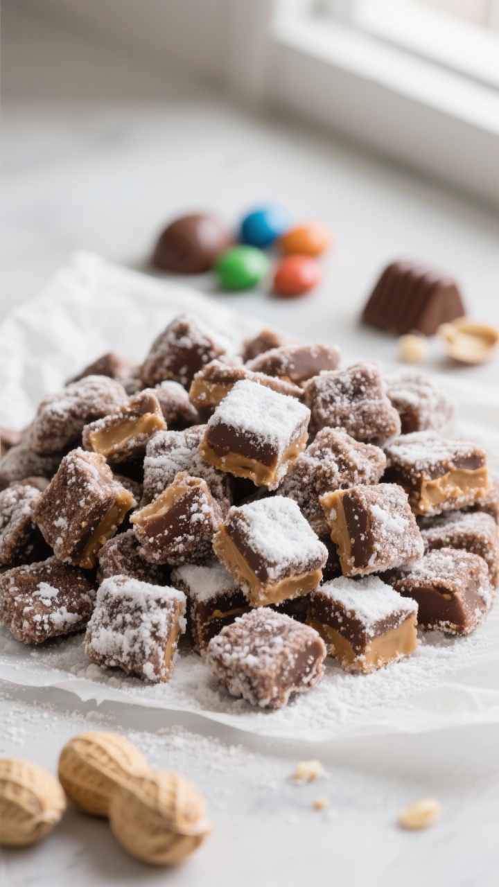 Close-up detail: A mound of freshly coated muddy buddy cereal pieces dusted in powdered sugar, showi