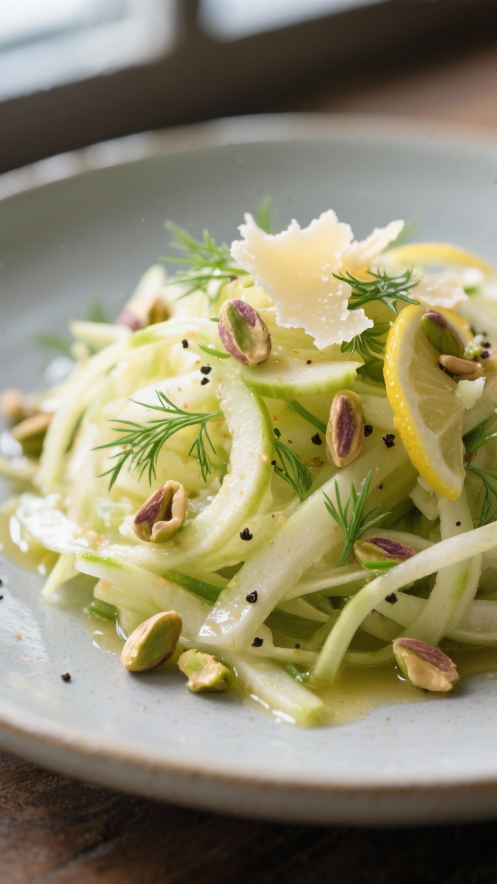 Close-up detail: A mound of prepared kohlrabi salad with ultra-thin julienned kohlrabi and apple rib