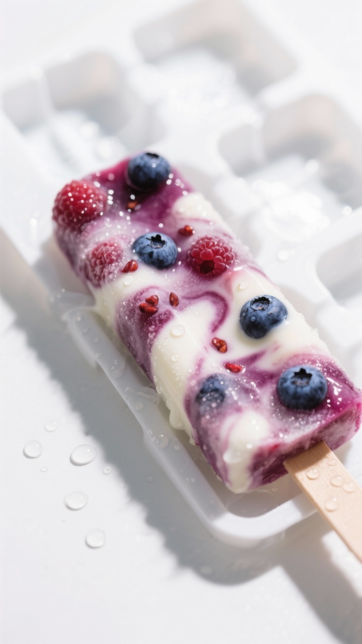 Close-up detail: A partially unmolded Berrylicious Ice Pop just released from the mold, beads of con
