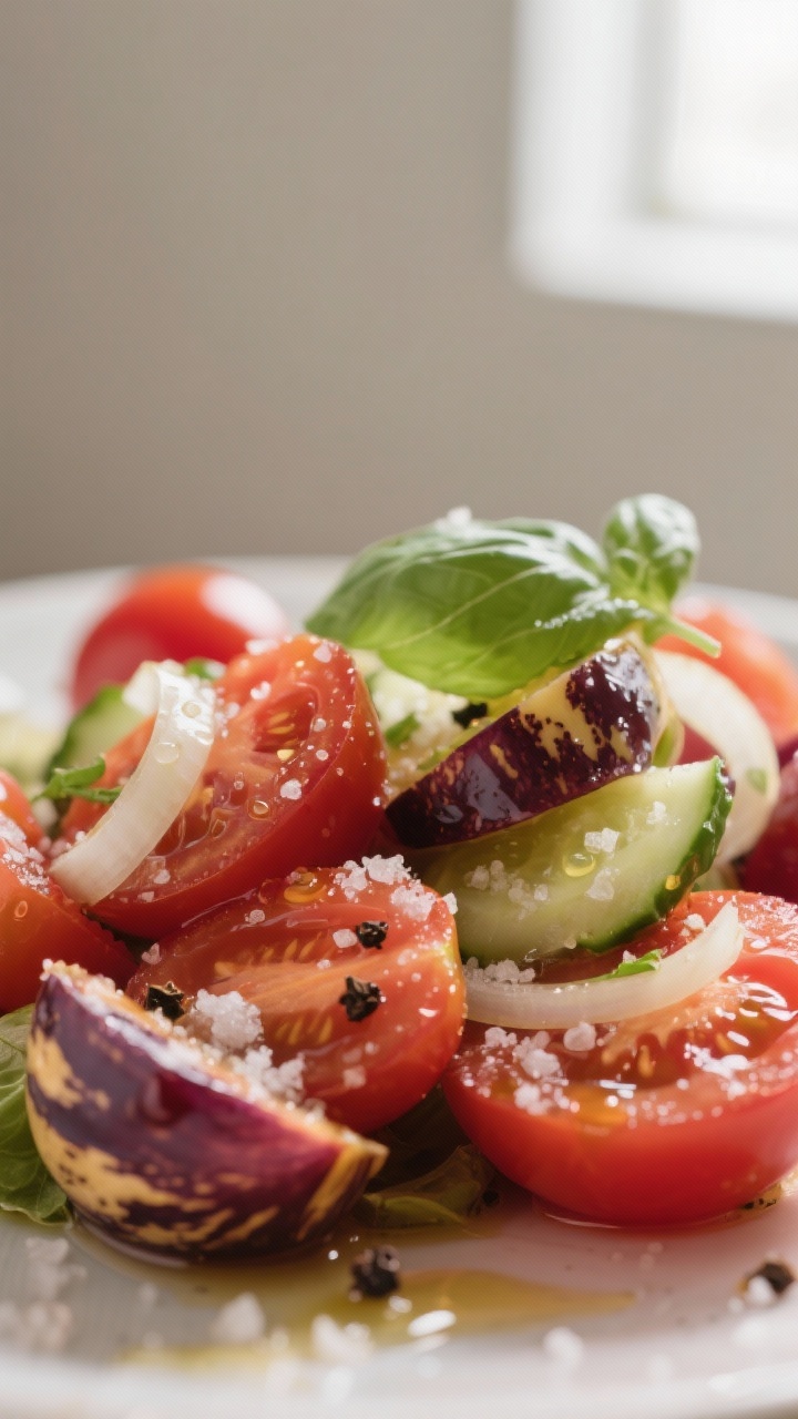 Close-up detail: A prepared tomato salad moment showing glossy, salted heirloom and cherry tomato sl