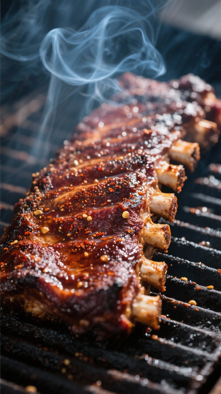 Close-up detail: A rack of smoked pork spare ribs on the smoker grates, meat side up, showing a deep