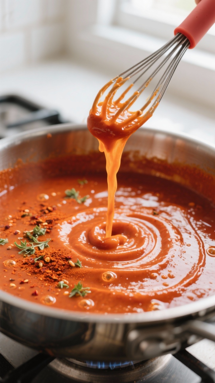 Close-up detail: A saucepan of simmering keto enchilada sauce mid-cook, showing glossy, rich red-ora