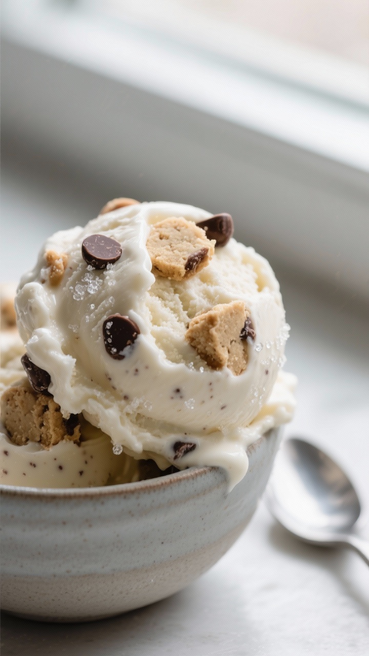 Close-up detail: A scoop of keto cookie dough ice cream just out of the freezer, silky and scoopable