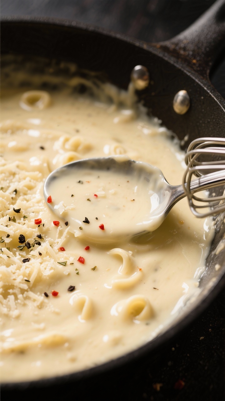Close-up detail: A skillet shot of the creamy Alfredo sauce just finished, silky and glossy with mel