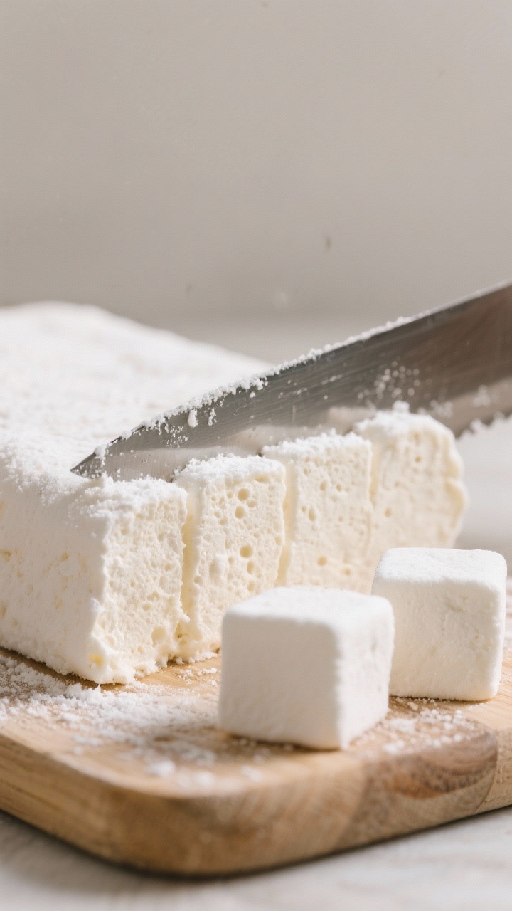 Close-up detail: A slab of freshly set sugar-free marshmallow being sliced into clean cubes on a dus