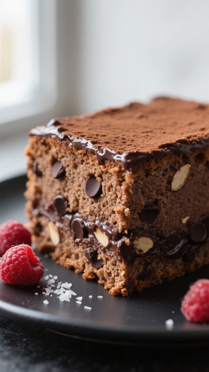Close-up detail: A slice of Almond Flour Chocolate Cake just cut, showing the moist, velvet-like cru