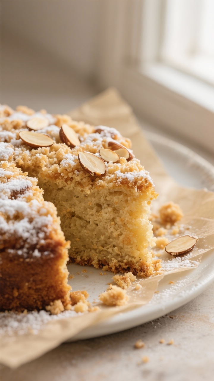 Close-up detail: A slice of baked almond crumb cake just cut, showing a moist, tender crumb with a t