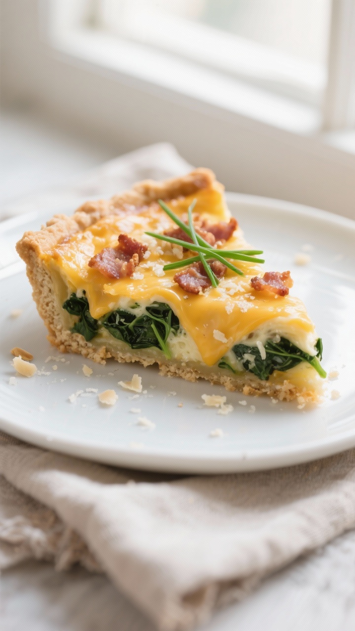 Close-up detail: A slice of keto quiche with almond flour crust, showing the golden, custardy interi