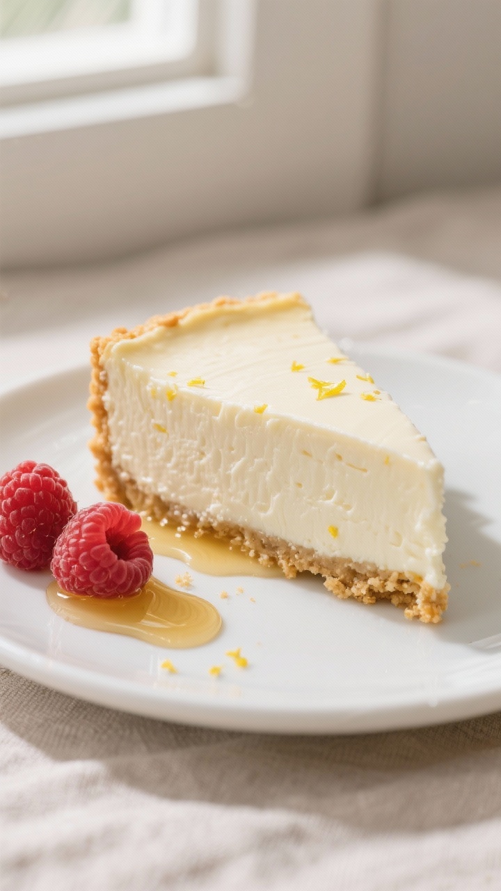 Close-up detail: A slice of mascarpone cheesecake with a crisp, lightly golden graham cracker crust