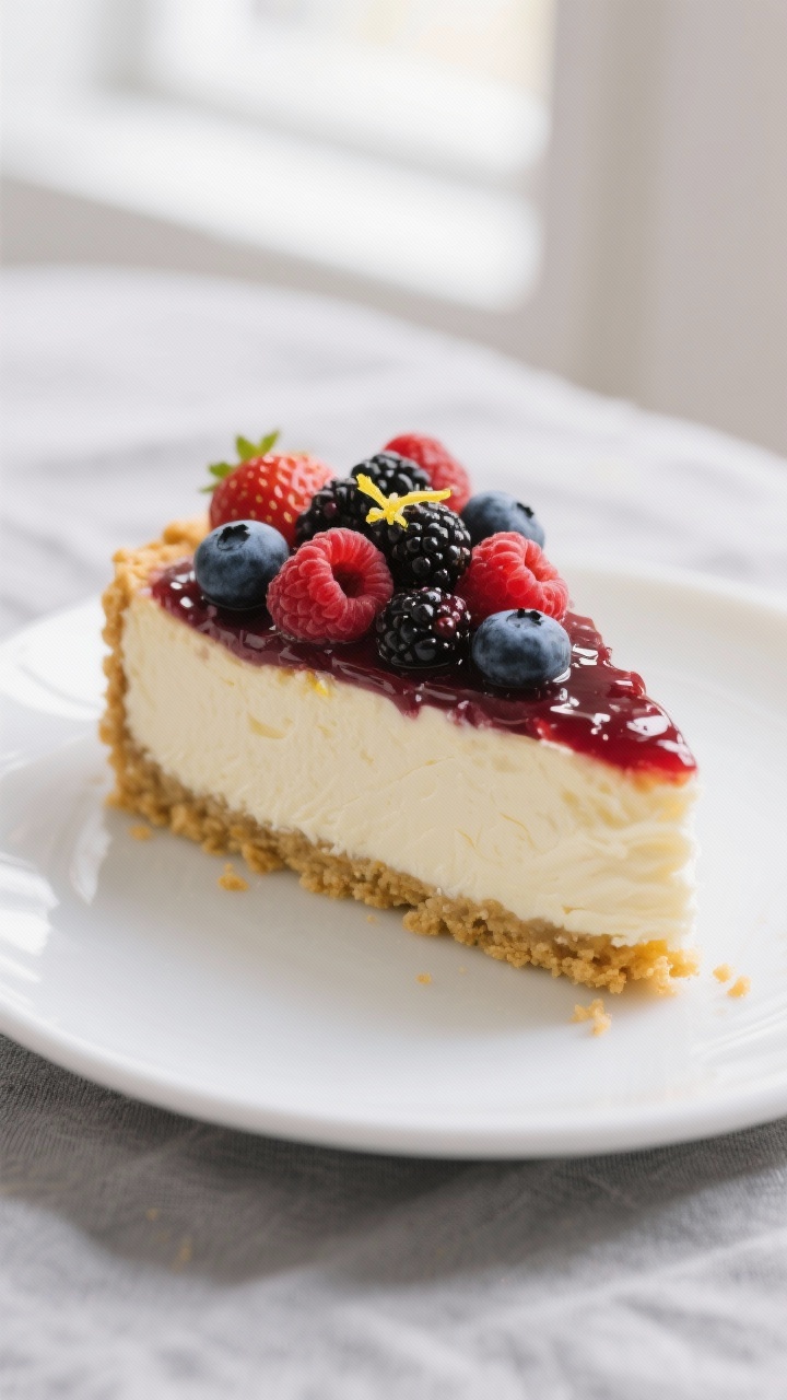 Close-up detail: A slice of no-bake berry cheesecake just after unmolding, showing the silky, tangy