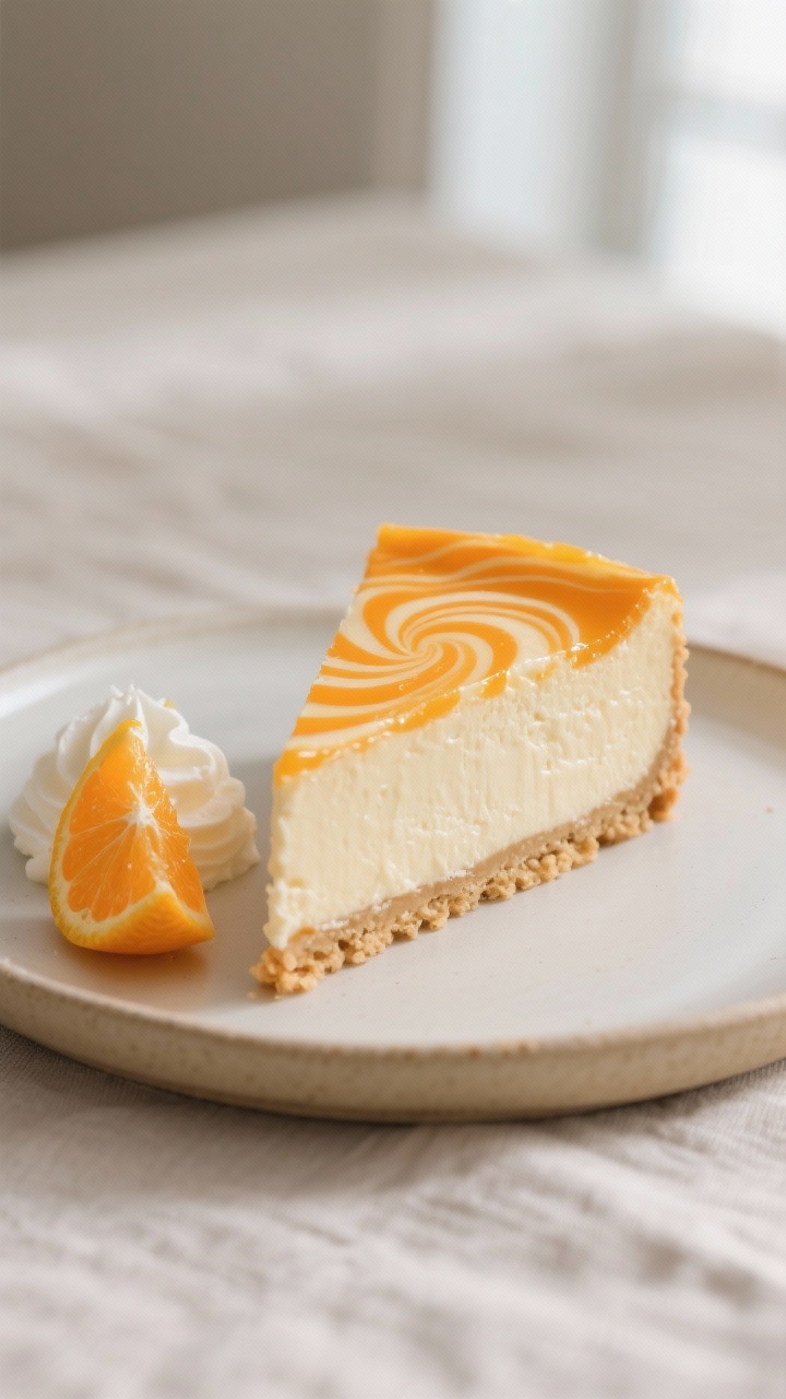 Close-up detail: A slice of Orange Creamsicle Cheesecake just after unmolding, showing the glossy or
