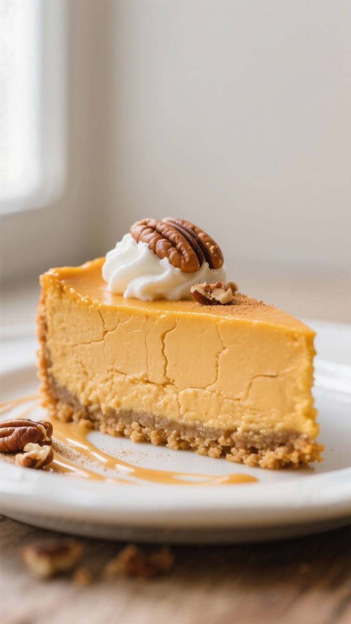Close-up detail: A slice of pumpkin cheesecake with a crack-free, custard-smooth interior and crisp