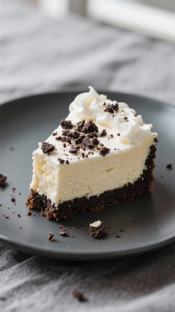Close-up detail: A sliced Keto Oreo Cheesecake Bite showing distinct layers — dark, compact almond