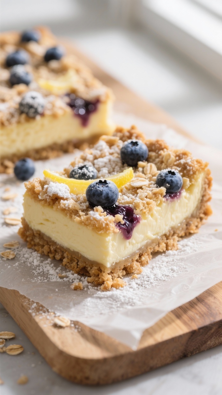 Close-up detail: A sliced Lemon Blueberry Cheesecake Crumb Bar on a parchment-lined board, showing t