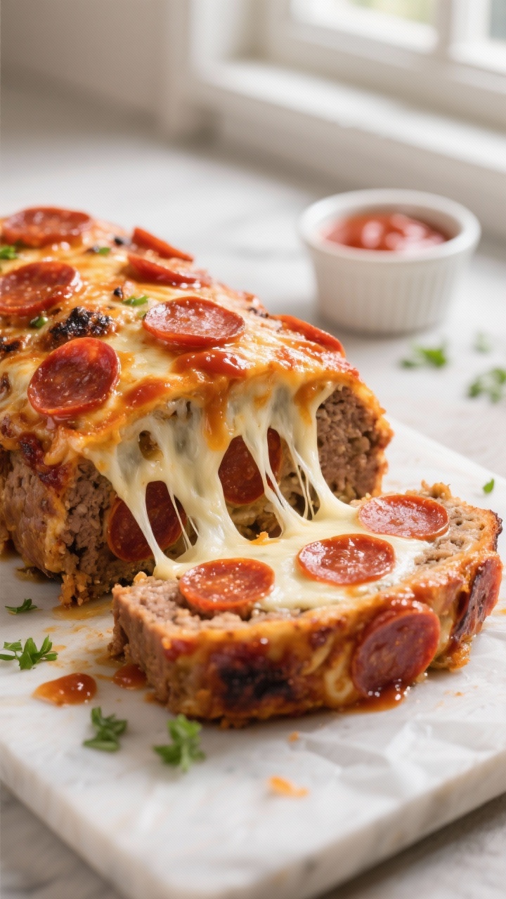 Close-up detail: A sliced pepperoni pizza stuffed meatloaf just after resting, showing a dramatic mo