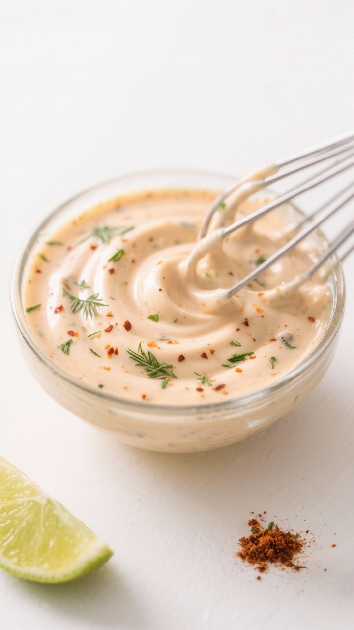 Close-up detail: A small glass bowl of Southwest Ranch dressing being whisked until ultra-smooth and