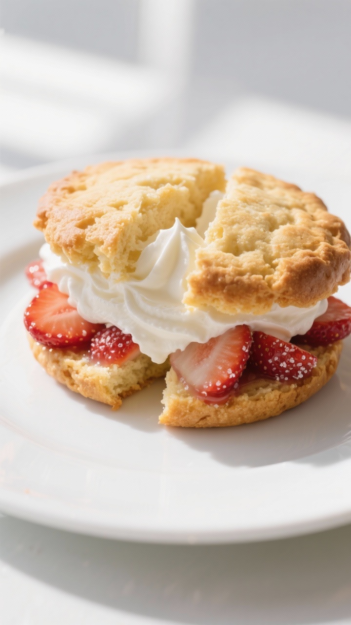 Close-up detail: A split, just-baked shortcake biscuit with a golden, craggy top and tender, steamy