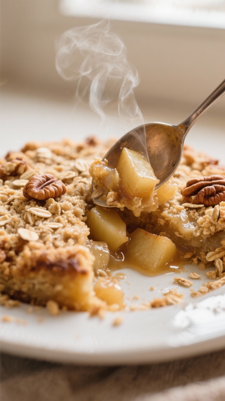 Close-up detail: A spoon breaking into a golden, sugar-free apple crisp just out of the oven, reveal