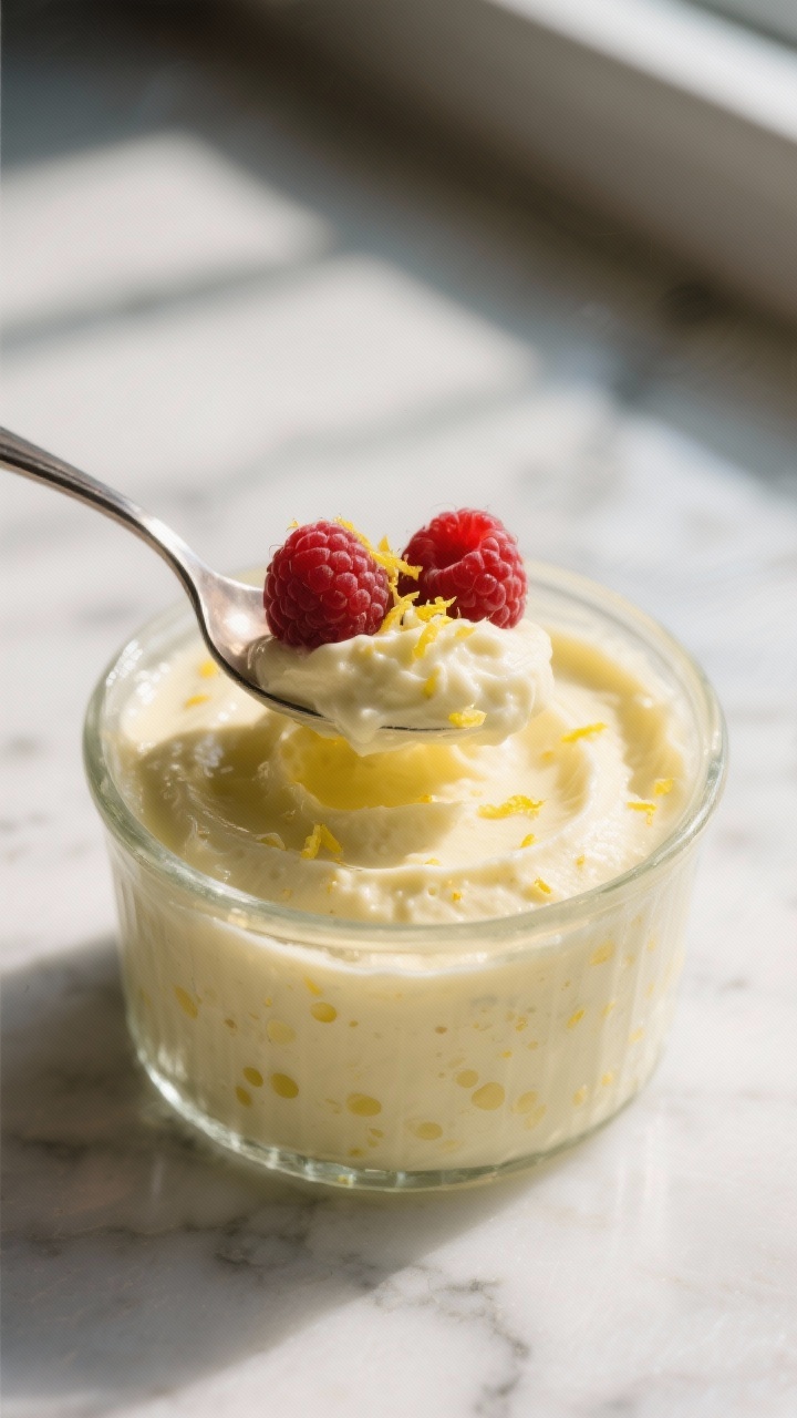 Close-up detail: A spoon scooping into a chilled Keto Lemon Mousse in a clear glass ramekin, showing