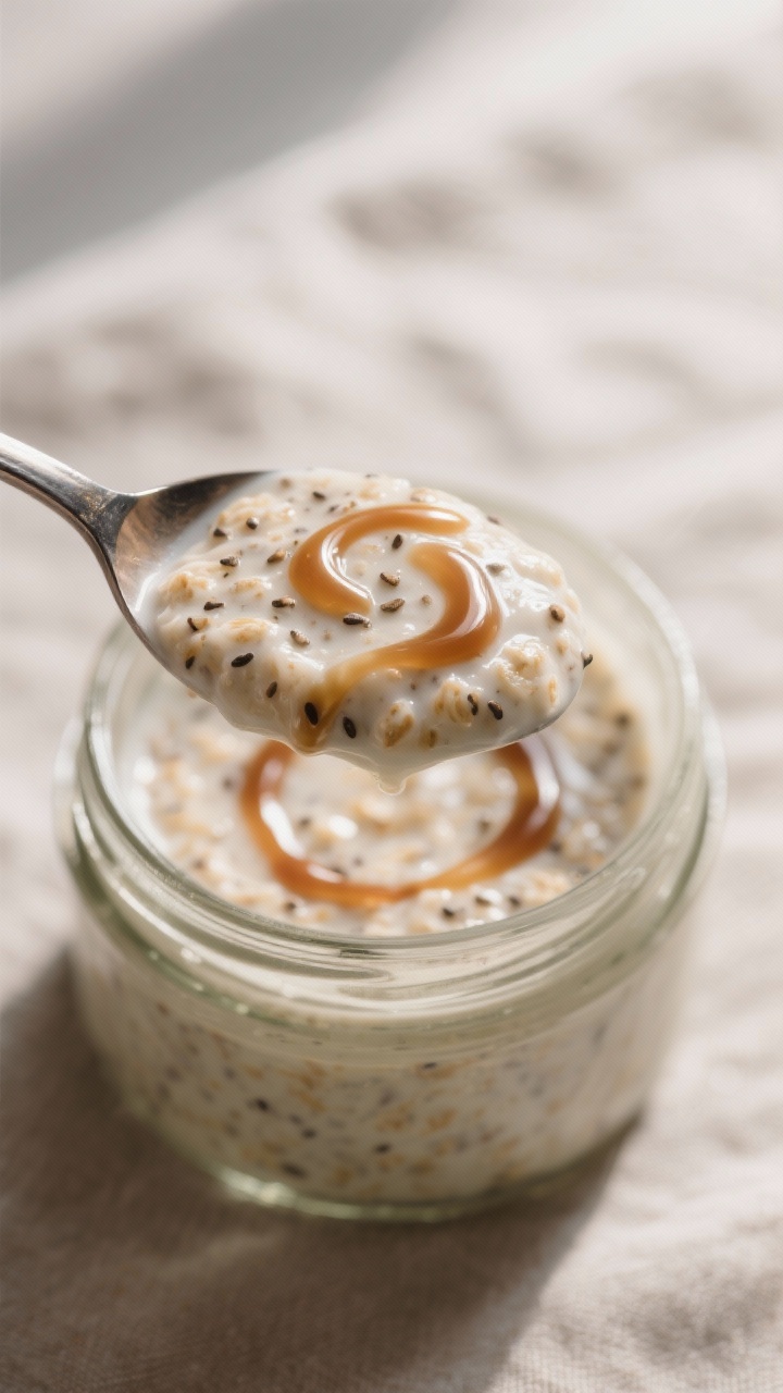 Close-up detail: A spoonful of blended overnight oats lifted from a jar, showcasing a silky, pudding