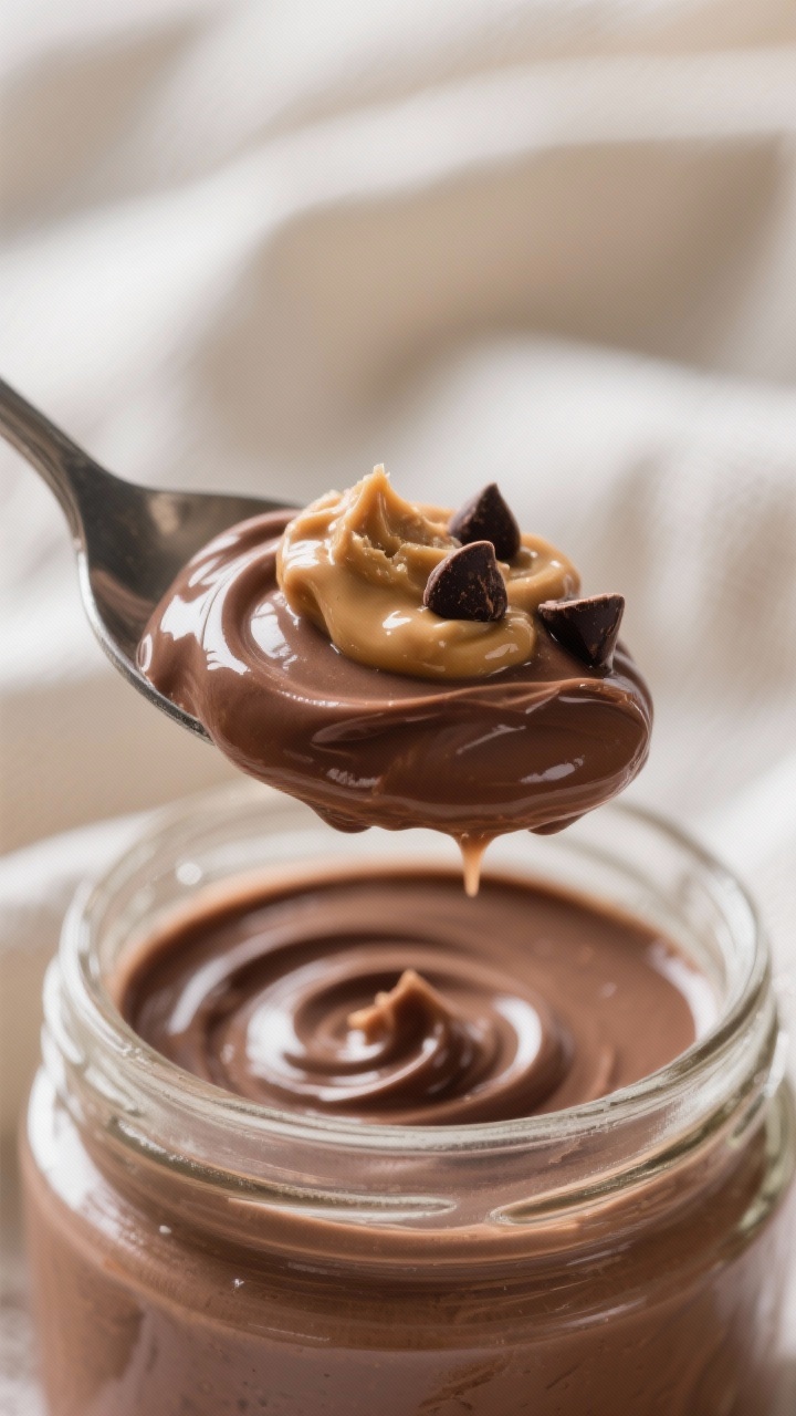 Close-up detail: A spoonful of chocolate protein pudding lifted from a glass jar, showing ultra-smoo