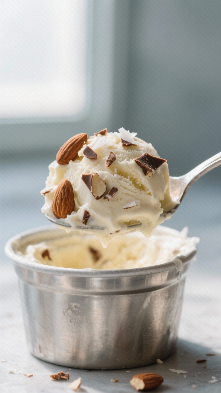 Close-up detail: A spoonful of churned Almond Joy ice cream mid-scoop from a chilled metal container