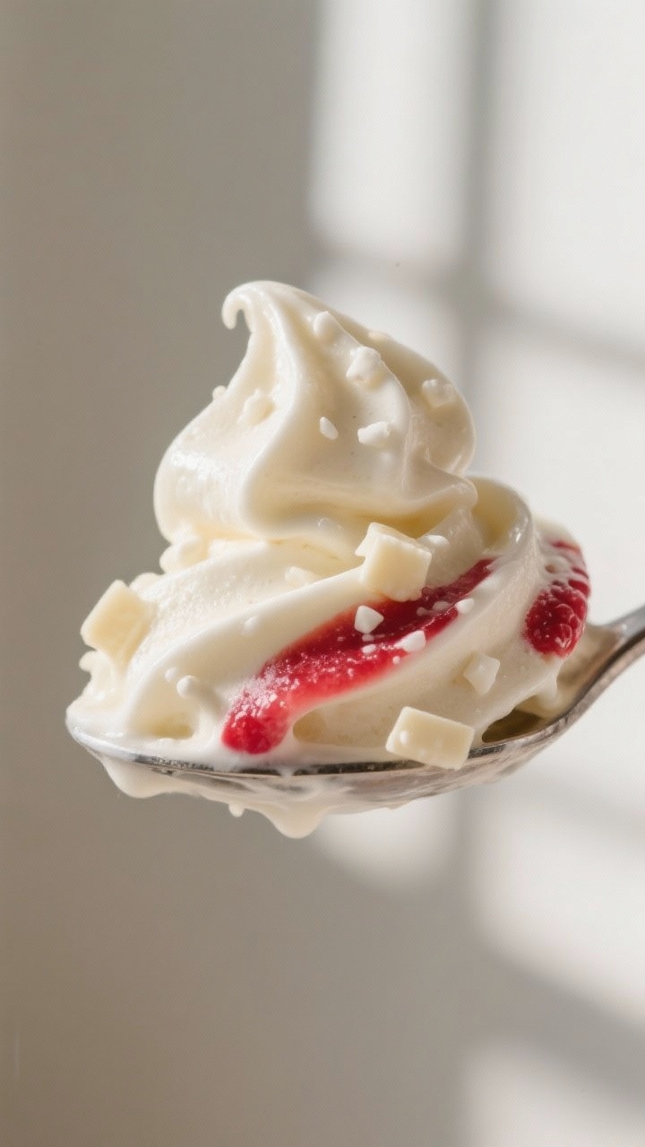Close-up detail: A spoonful of freshly churned white chocolate ice cream just out of the machine, so