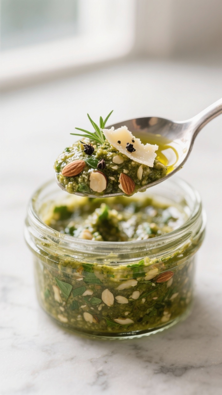 Close-up detail: A spoonful of glossy almond pesto mid-stir in a small glass jar, showing finely tex